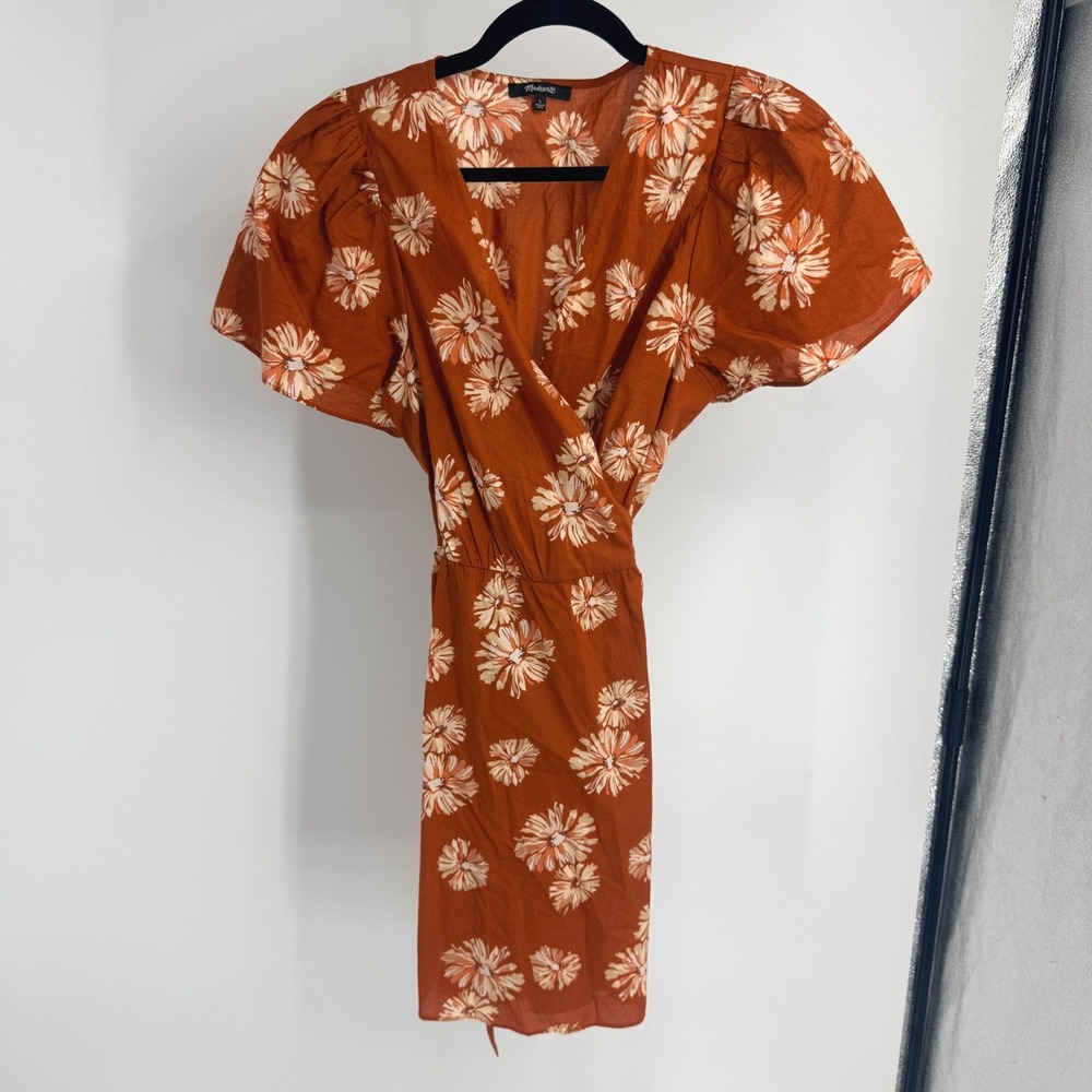 Madewell Rust Orange Floral Cotton Wrap Dress Short Puff Sleeve L Ditsy Cute